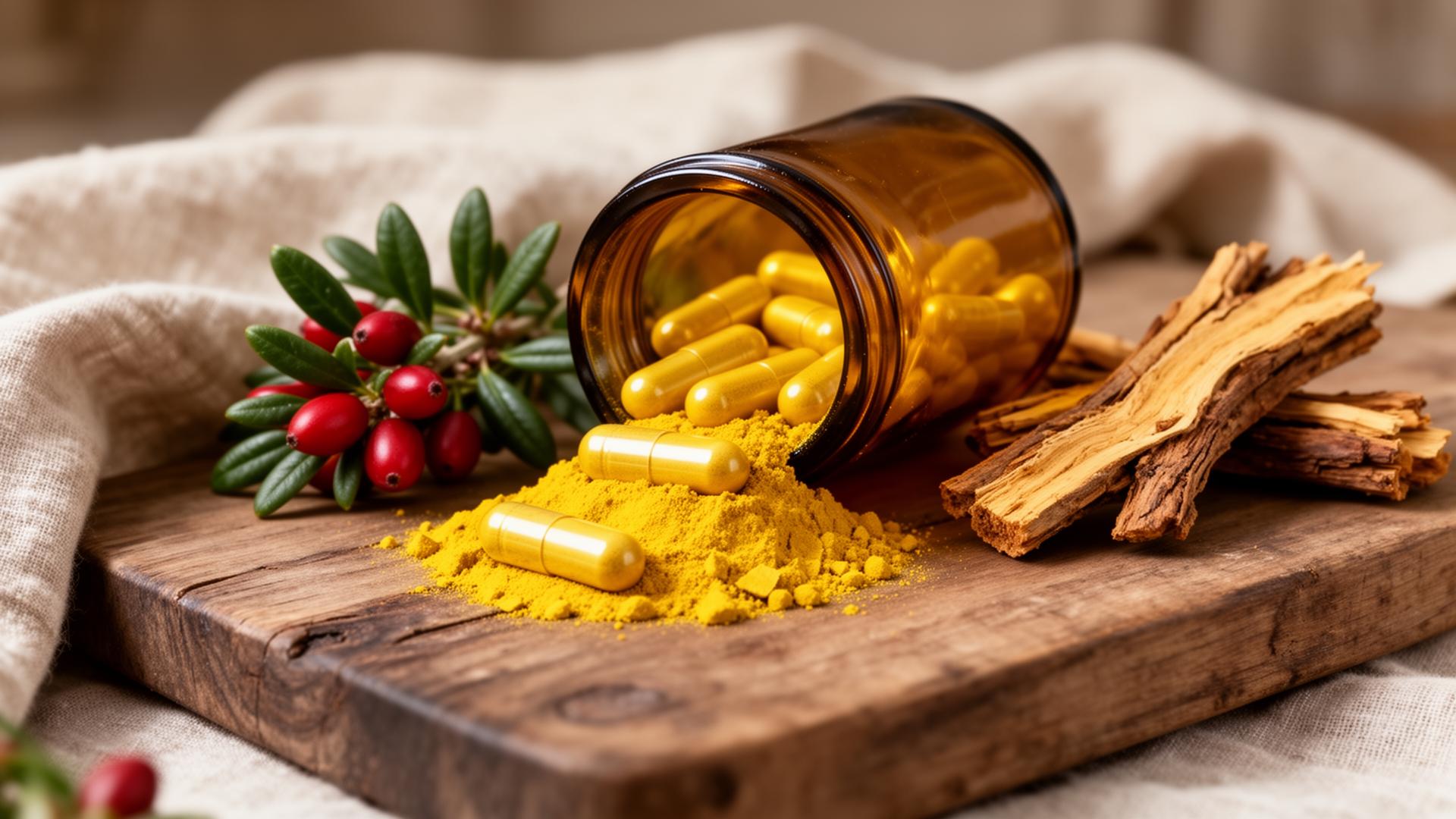 Golden berberine capsules and powder with barberry sprigs and goldenseal root on a rustic wooden board