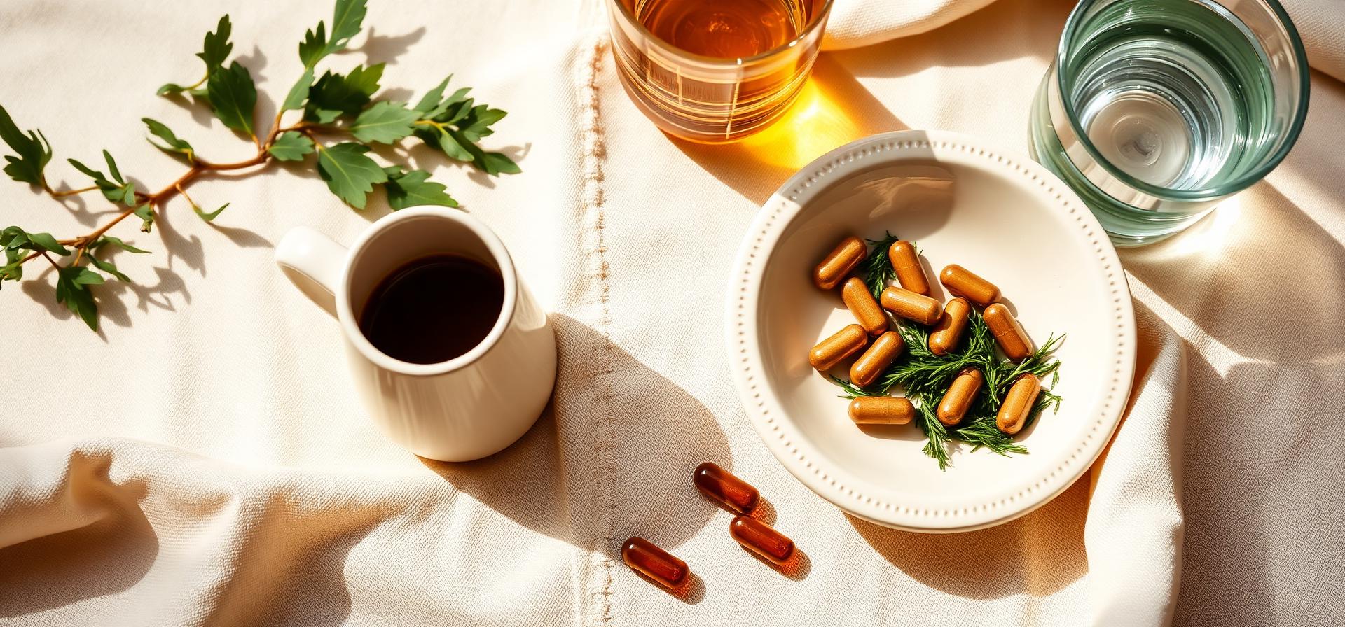 Botanical fat burner capsules with herbs, water and a coffee cup set aside on cream linen — representing a caffeine-free choice
