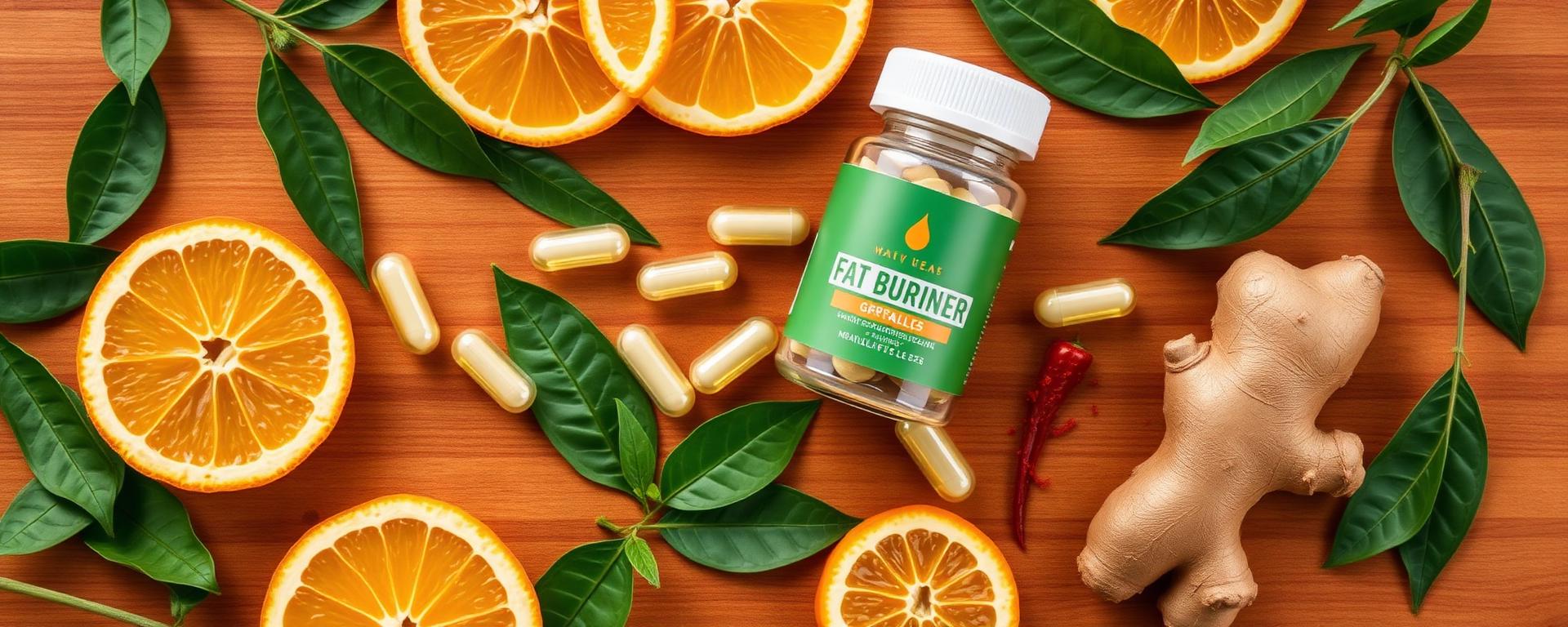 Natural non-stimulant fat burner ingredients including oranges, green tea, ginger, and botanical capsules