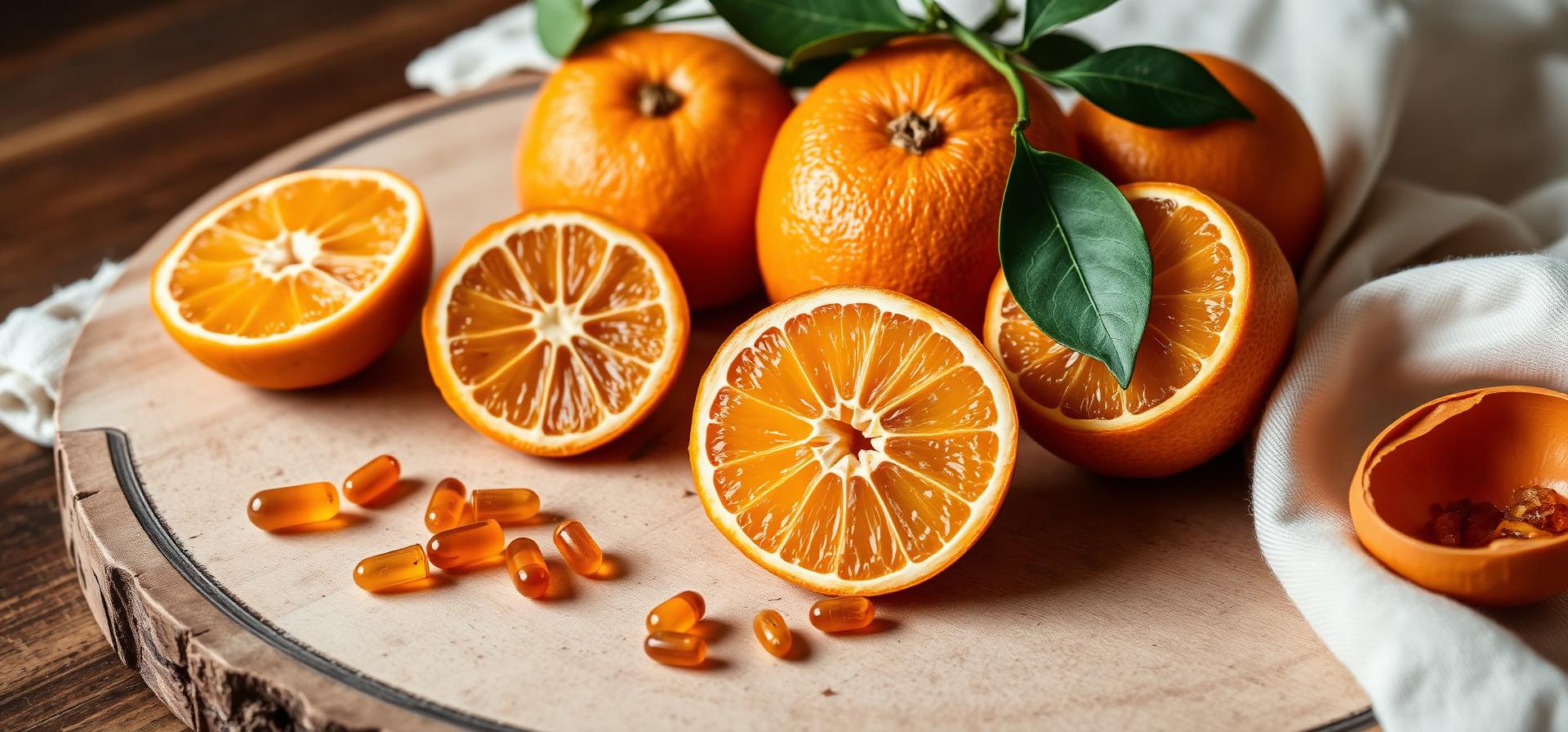 Fresh Seville bitter oranges and amber p-synephrine capsules on a rustic wooden board with linen cloth