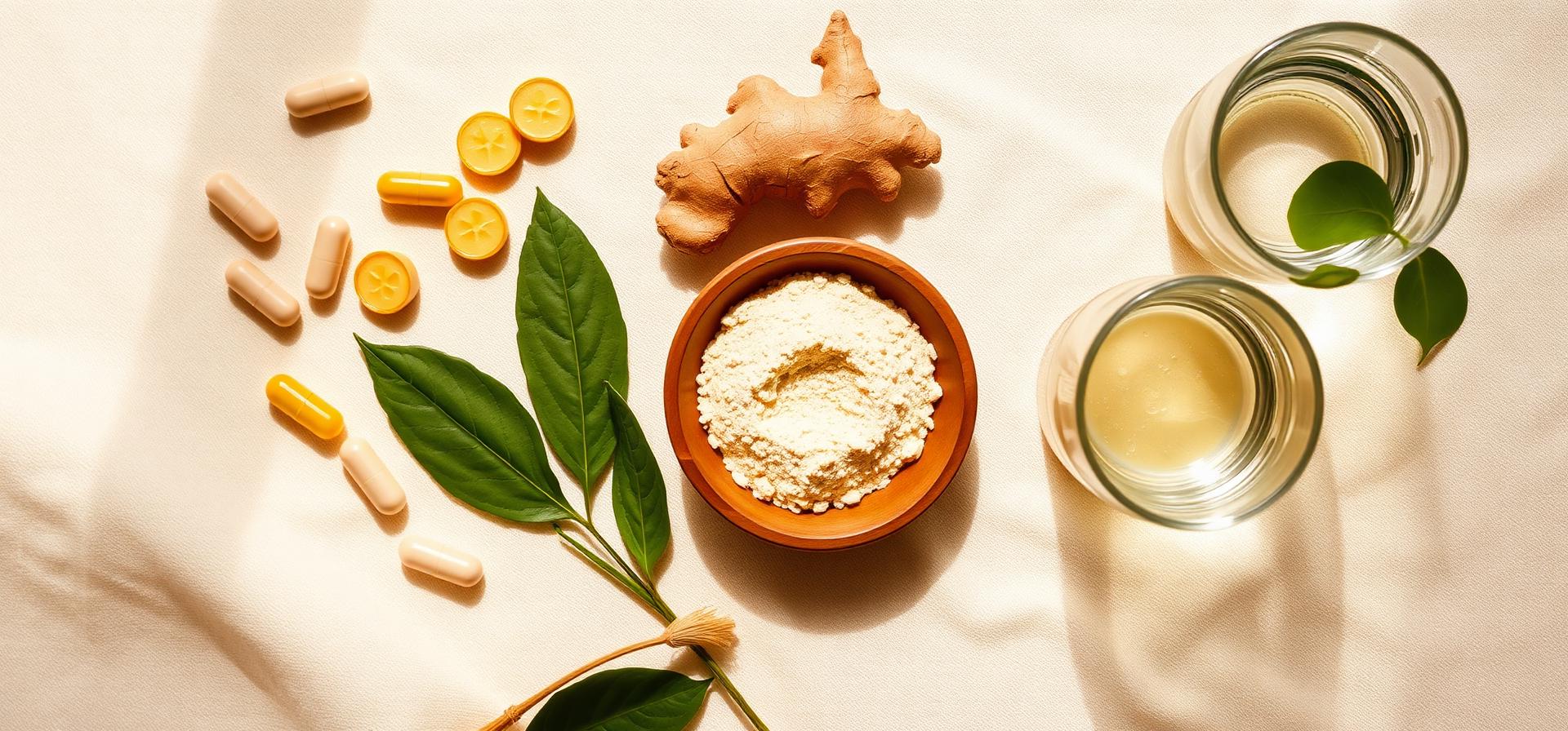 Natural stim-free fat burner ingredients including ginger root, glucomannan powder in a wooden bowl, capsules and water on a cream linen surface