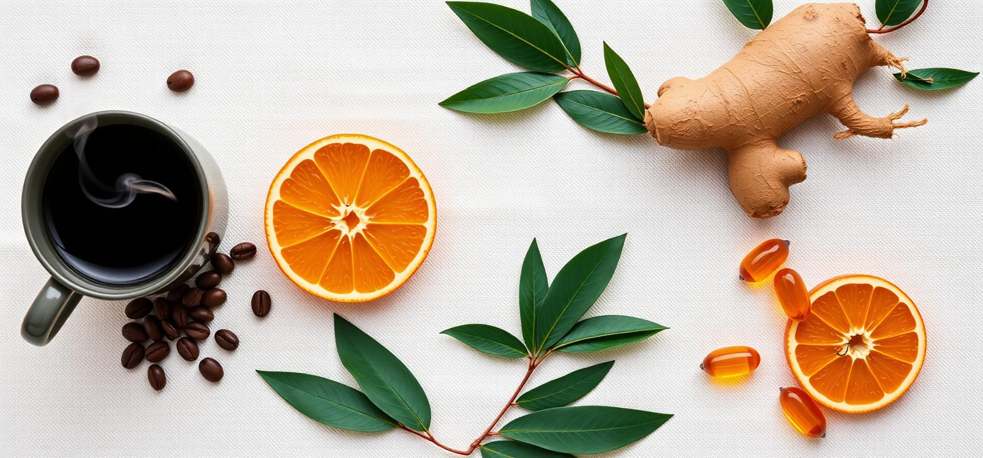 Coffee cup and beans contrasted with fresh oranges, ginger, green tea leaves and capsules — comparing thermogenic and stim-free fat burner approaches