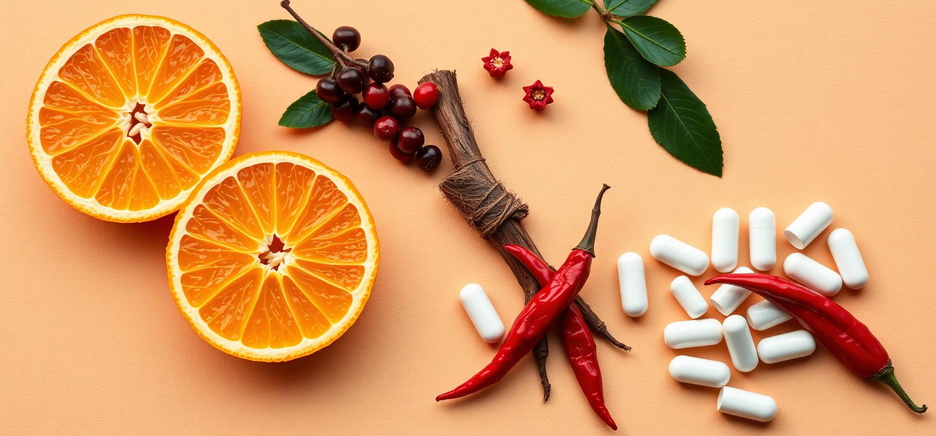 Seville oranges, barberry, ginseng root, red chillies and white capsules on a warm background